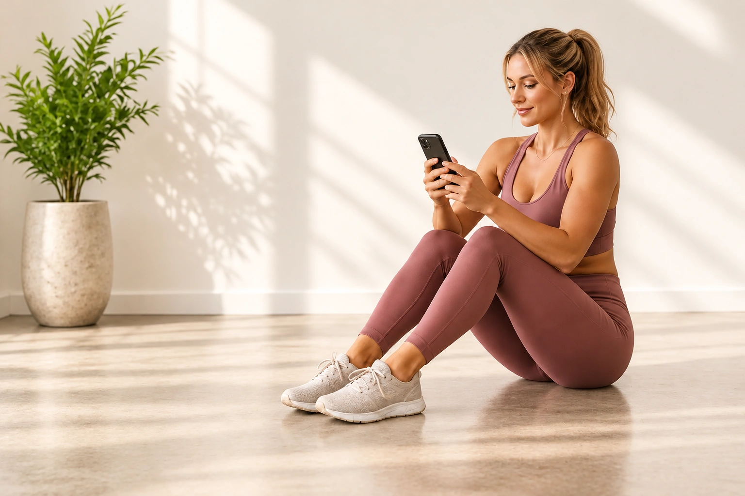 A woman taking a moment with her phone after a movement break