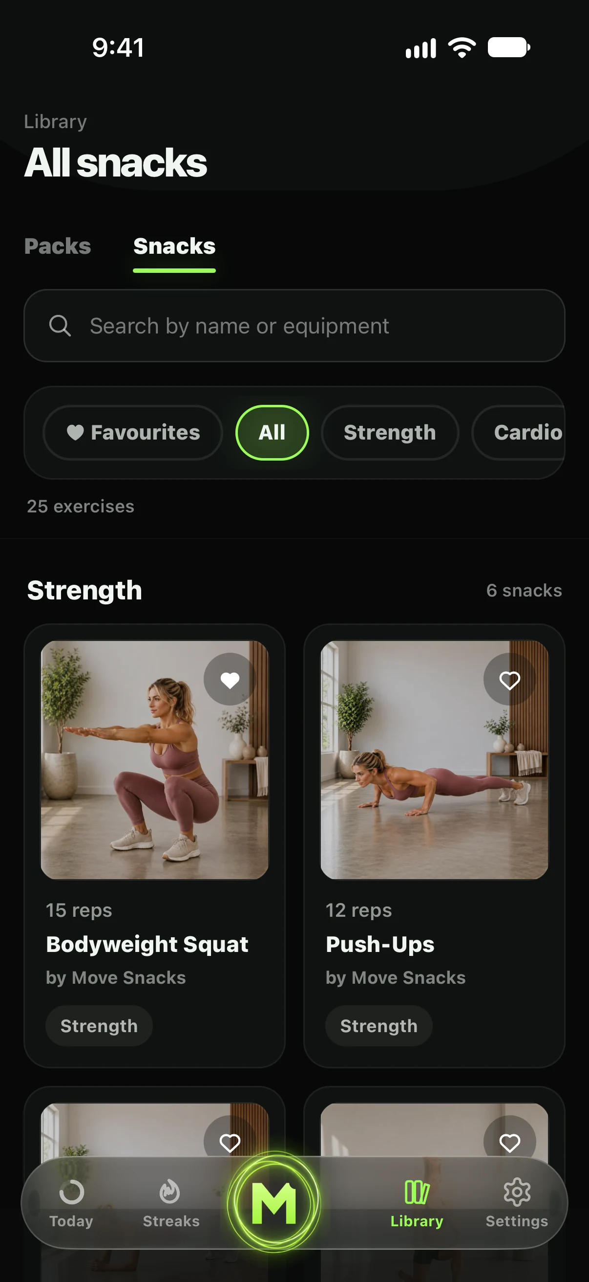 Move Snacks Library with exercise search and strength snacks