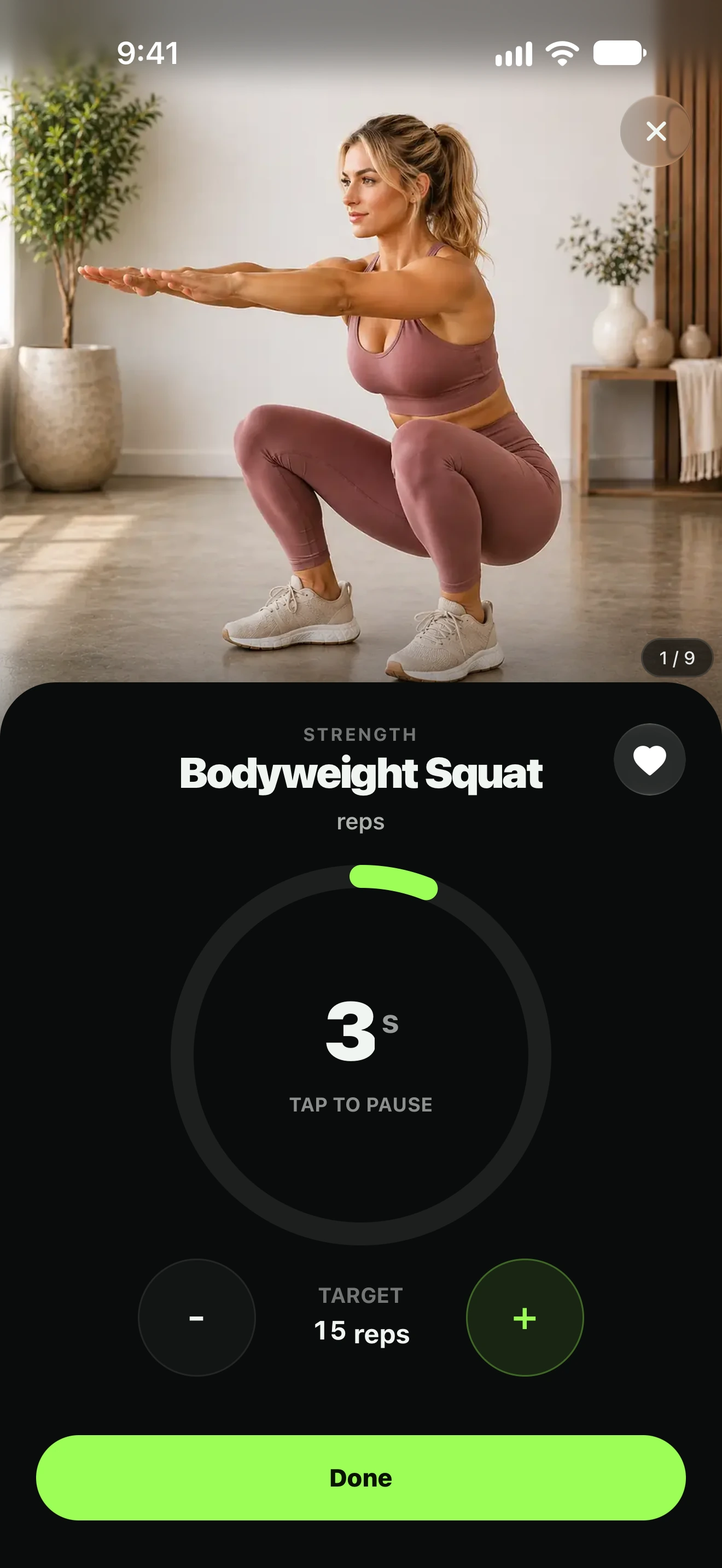 Move Snacks guided Bodyweight Squat session with exercise demonstration and rep target