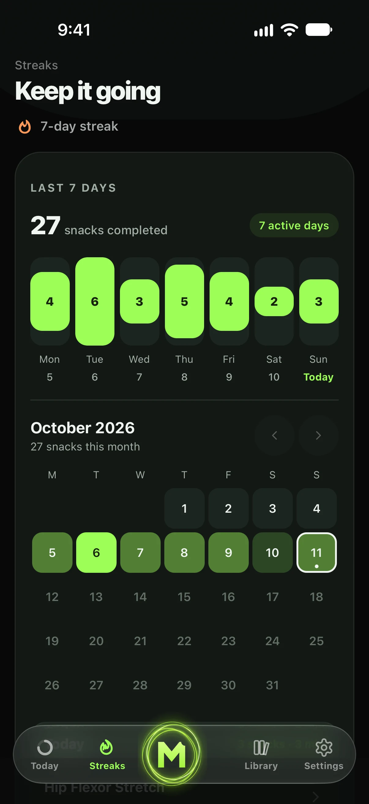 Move Snacks Streaks with a seven-day progress chart and monthly calendar