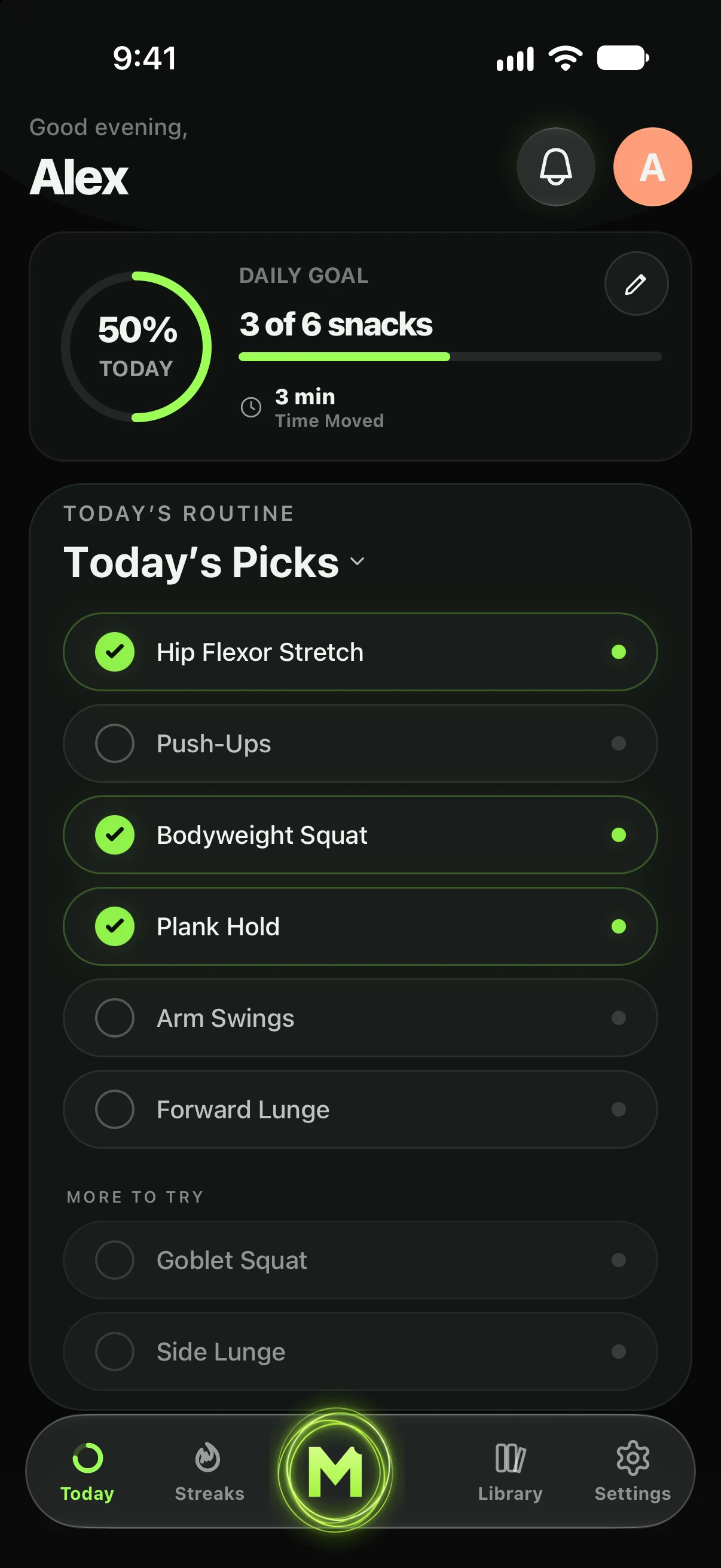 Move Snacks Today screen showing daily movement progress and a routine